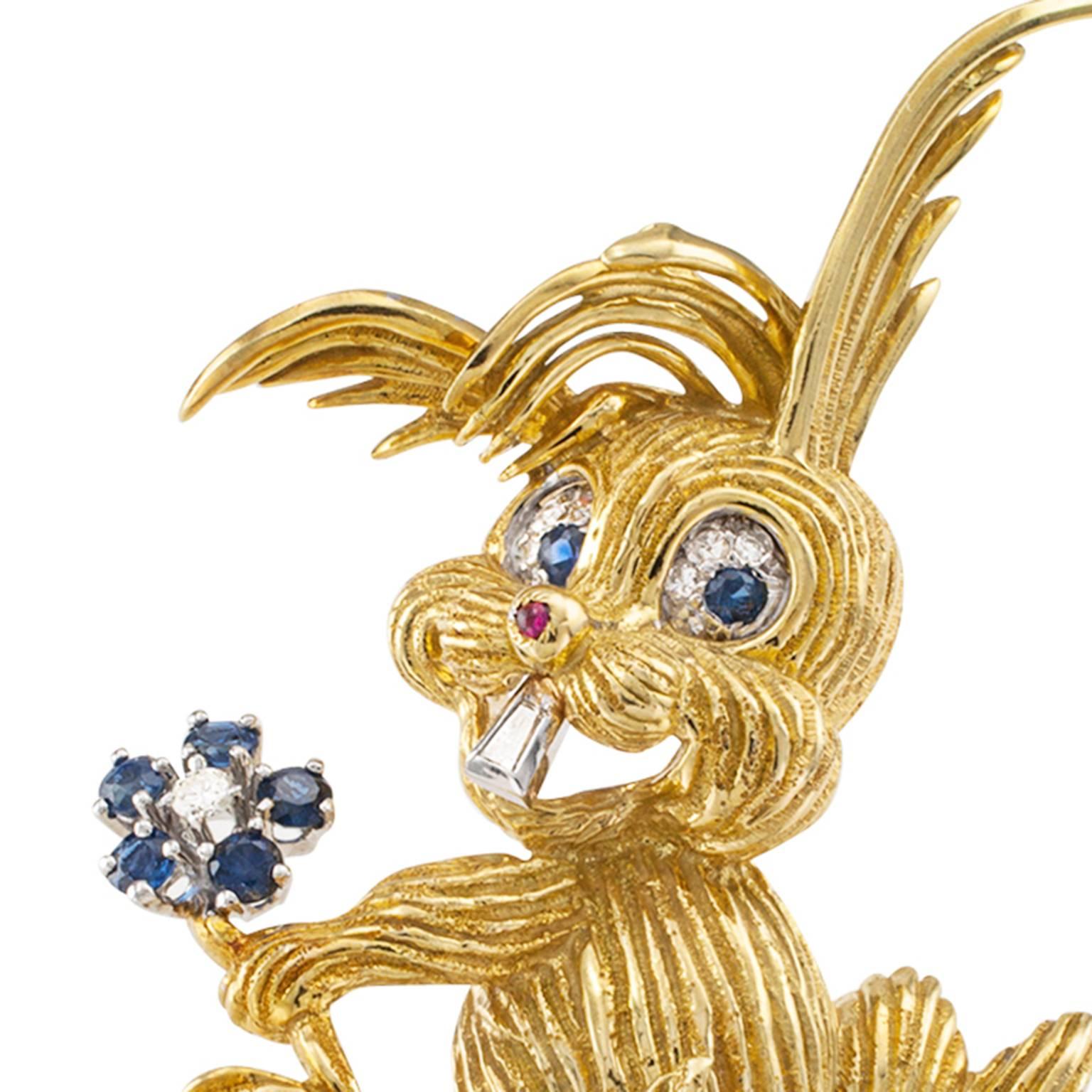 Happy-Go-Lucky Diamond and Sapphire Bunny Brooch

Look at that face.  Just look at it.  Look at that fabulous face... Happily hopping along, flower in paw, smiling like sunshine and bright blue eyes that sparkle like diamonds!  This bunny brooch