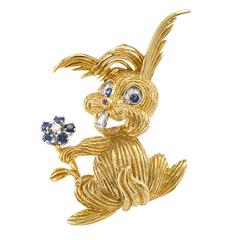 Vintage Happy-Go-Lucky Diamond and Sapphire Bunny Brooch