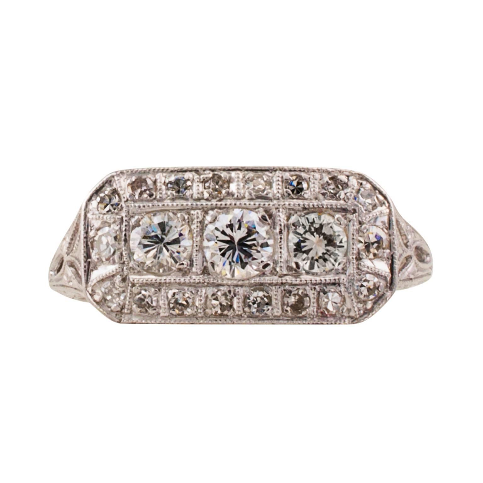 Women's or Men's Art Deco Three Stone Diamond Platinum Ring