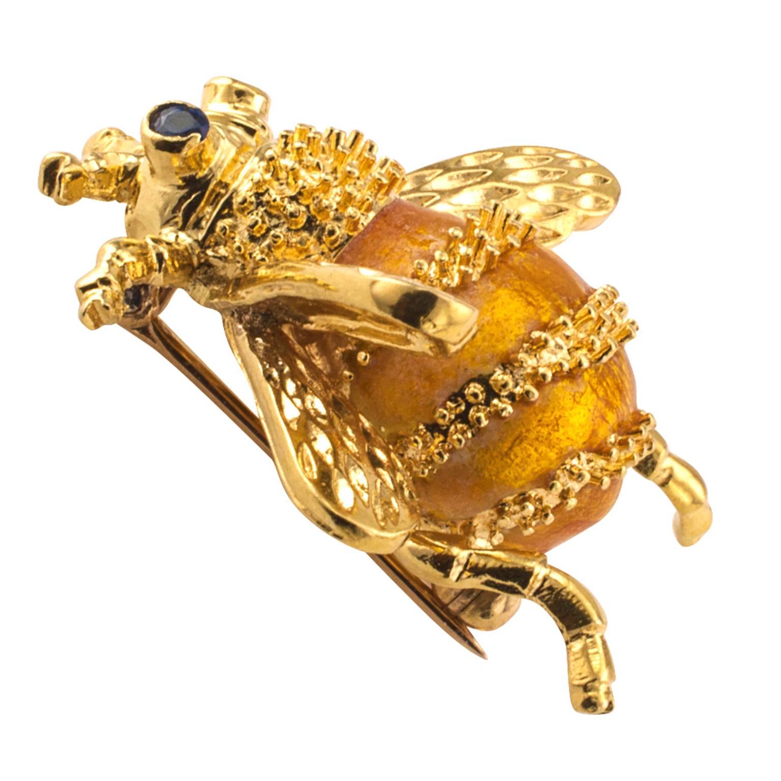 Modern Sapphire Enamel Gold Bee Brooch