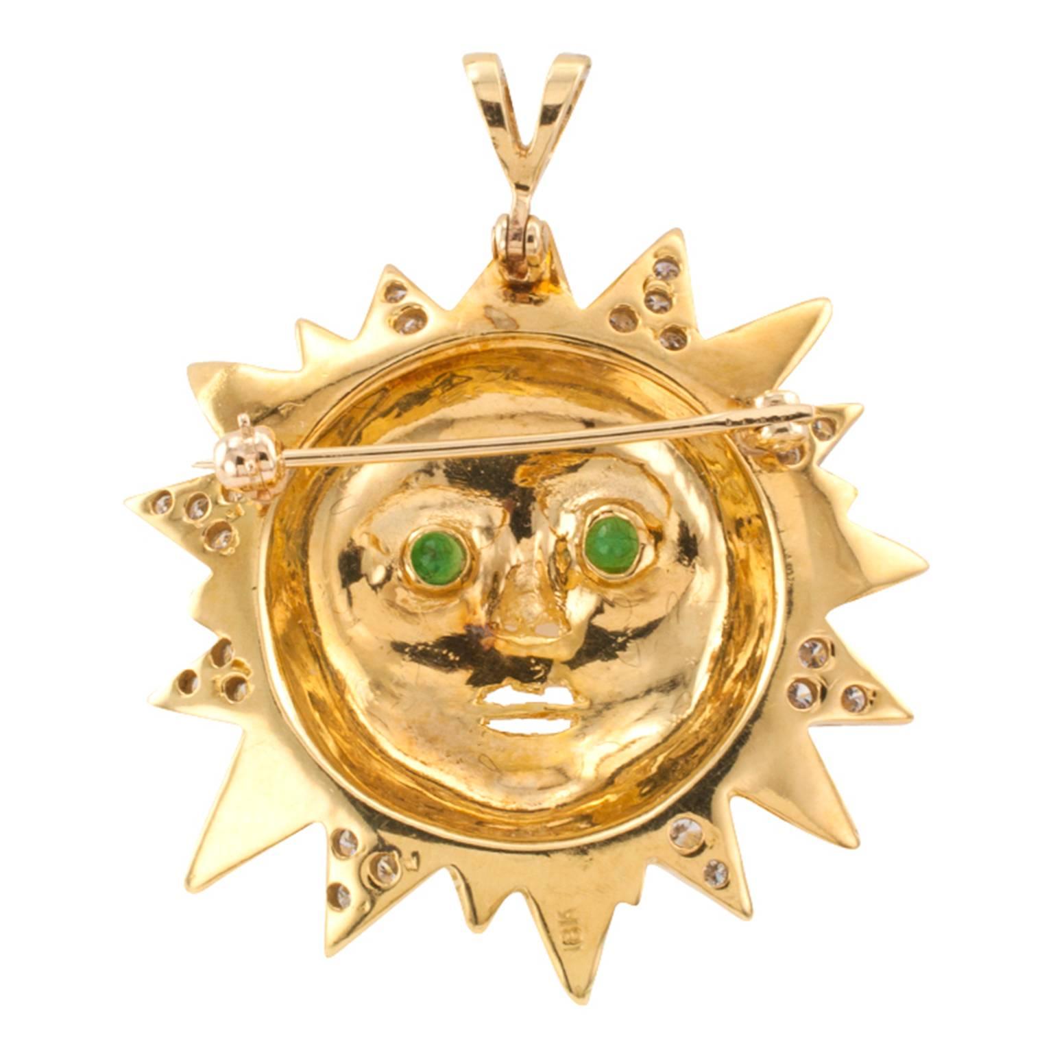 Sunshine Estate 18 Karat Gold and Diamond Brooch Pendant

No better way to tell someone special that... You are the Sunshine of My life! Than with a gift of the sun itself shining, and smiling, and glittering, and looking at the world with bright