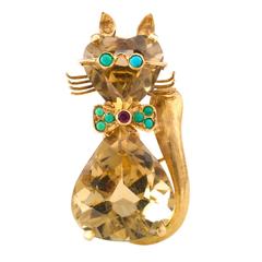 Retro Citrine Turquoise Ruby Gold Cat Brooch