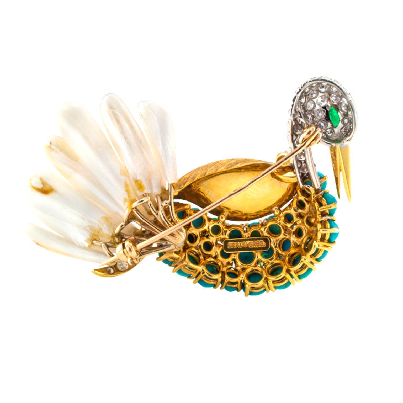 Swan Brooch Handcrafted with Petal Pearls Turquoise and Diamonds In Excellent Condition In Los Angeles, CA