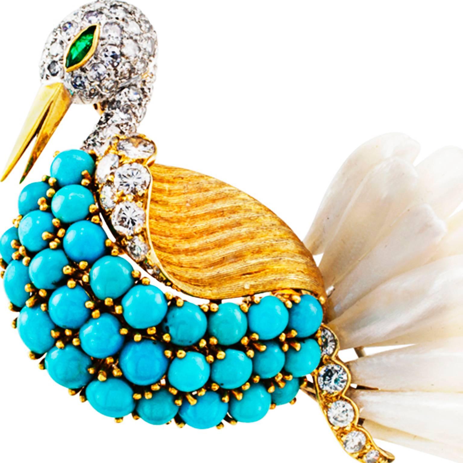 Women's or Men's Swan Brooch Handcrafted with Petal Pearls Turquoise and Diamonds