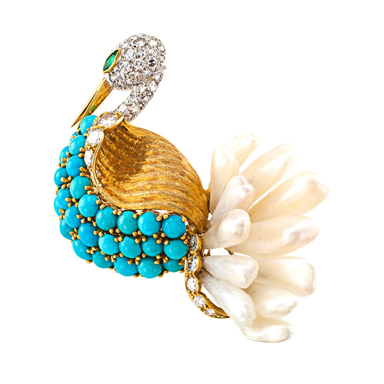 Modern Swan Brooch Handcrafted with Petal Pearls Turquoise and Diamonds