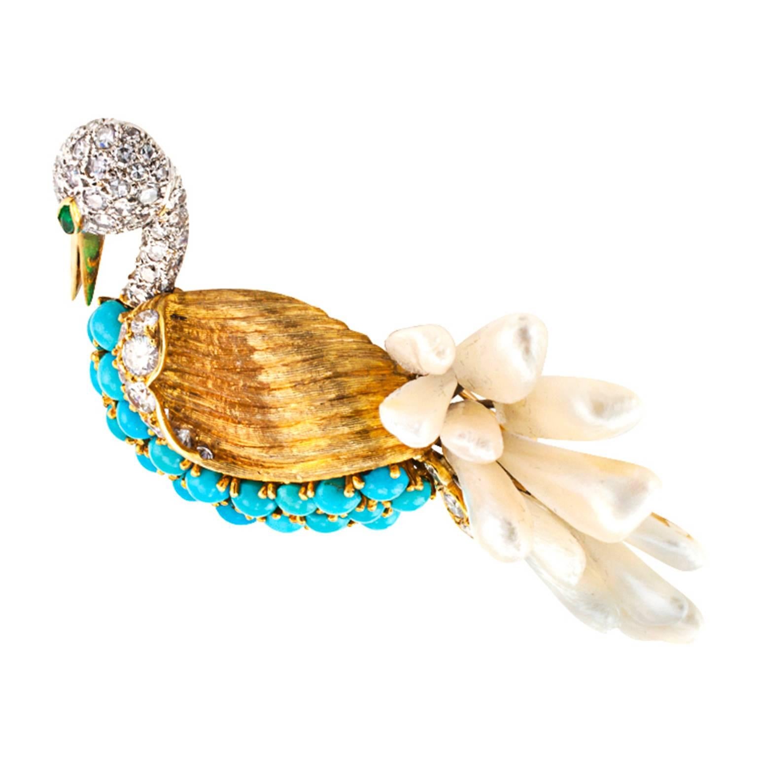 Swan Brooch Handcrafted with Petal Pearls Turquoise and Diamonds

To quote from Funny Girl, 