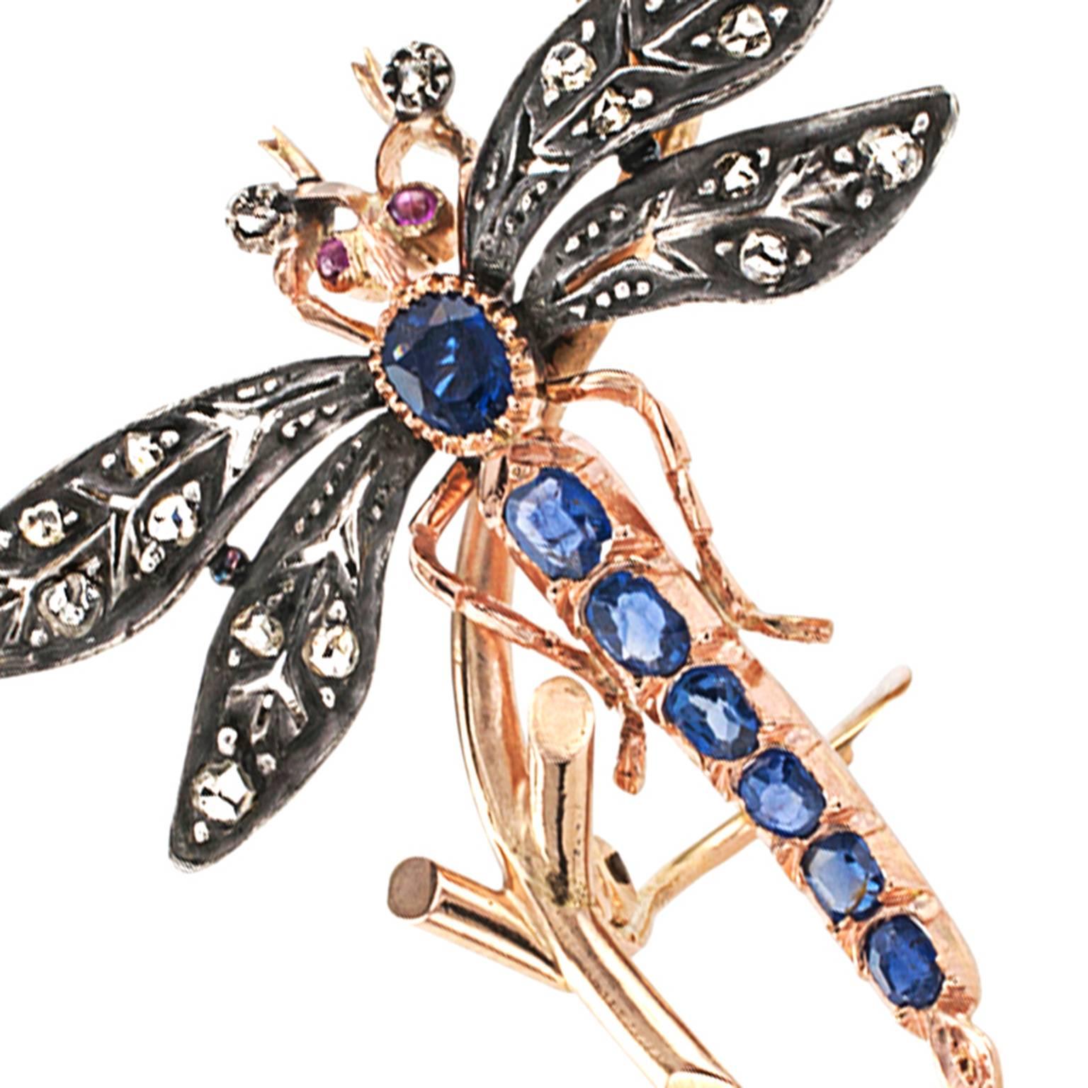 Victorian Dragonfly Brooch with Diamonds Rubies and Sapphires

Graceful and delicate as only a dragonfly can be, full of detail that lends an aura of realism. Perched upon a curvaceous twig, the wings designed in such a way that they appear to be