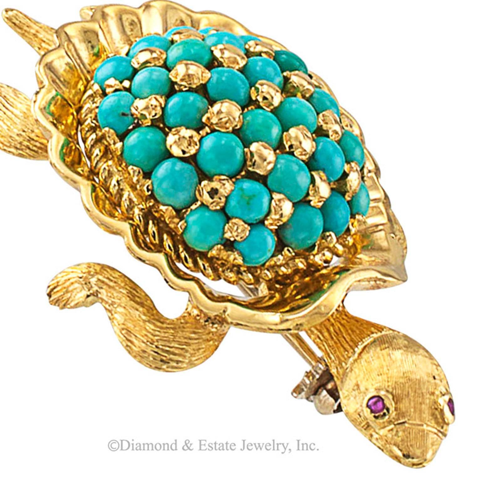 1960s Turquoise Ruby Gold Sea Turtle Brooch  In Excellent Condition In Los Angeles, CA