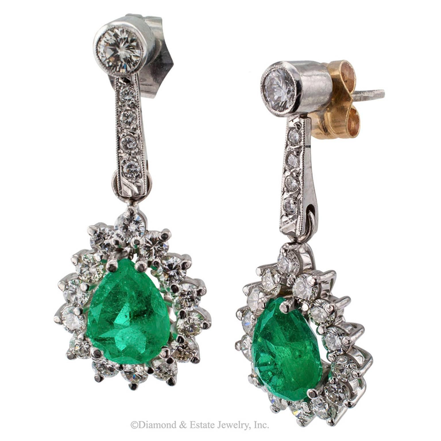 Modern Pear Shaped Emerald Diamond White Gold Drop Earrings