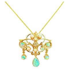 Vintage 1960s Opal Diamond Yellow Gold Pendant Brooch