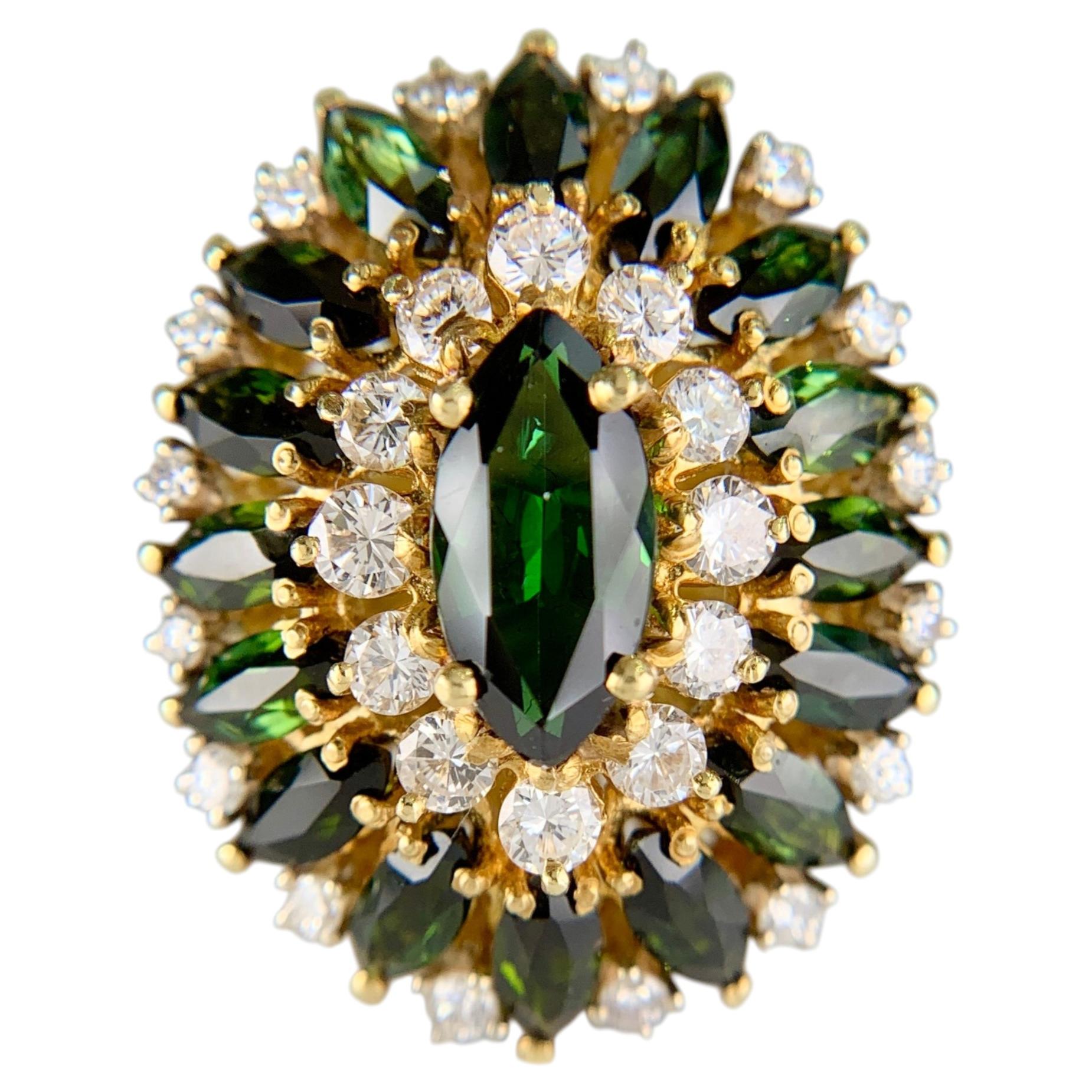 Cindy Royce Tourmaline verte Diamant Or jaune 18k Bague de cocktail Circa 1980 en vente
