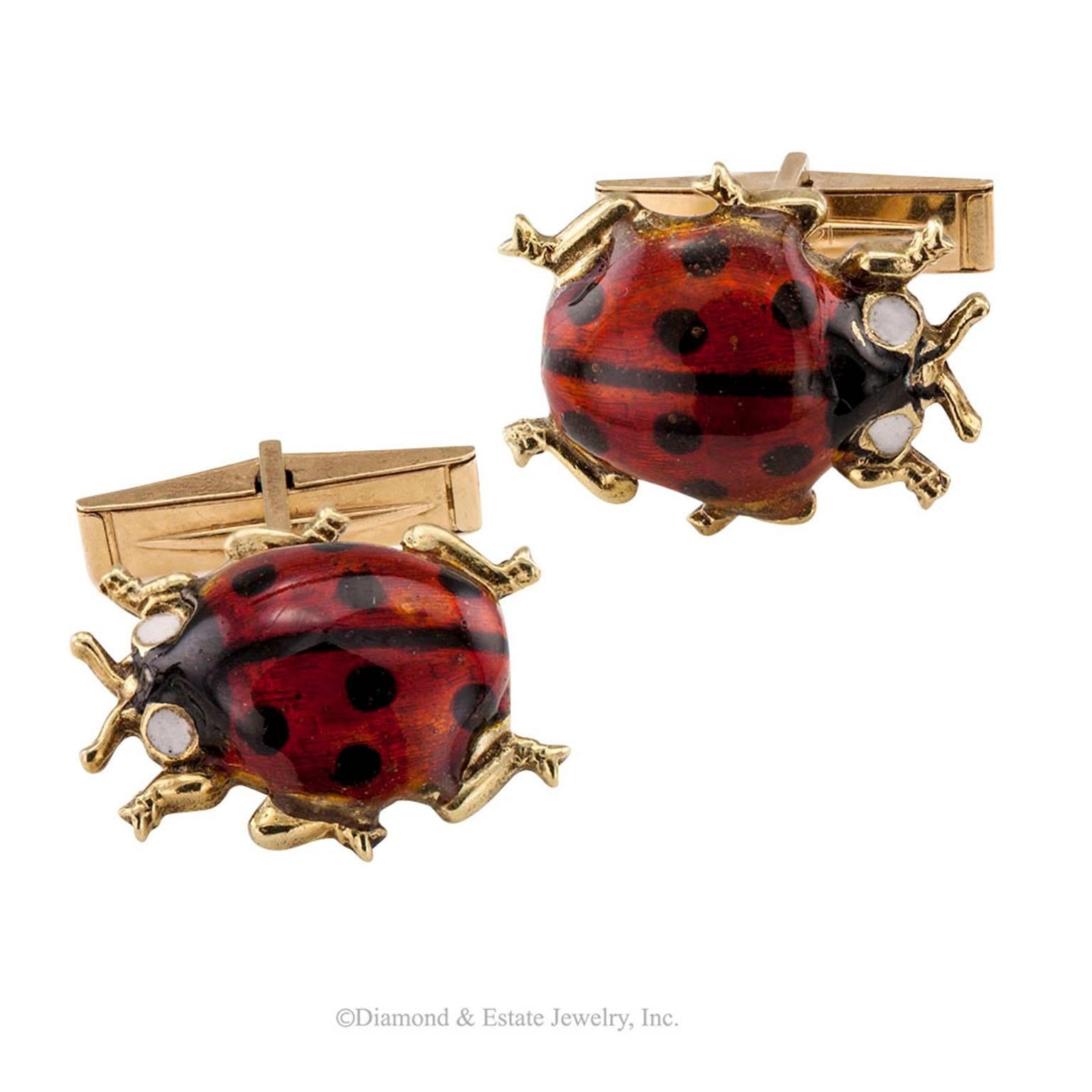 Ladybug Enamel Gold Cufflinks 

DETAILS: Enamel ladybug cufflinks circa 1960, with swivel backs.
METAIL:  14 karat yellow gold
DIMENSIONS:  3/4