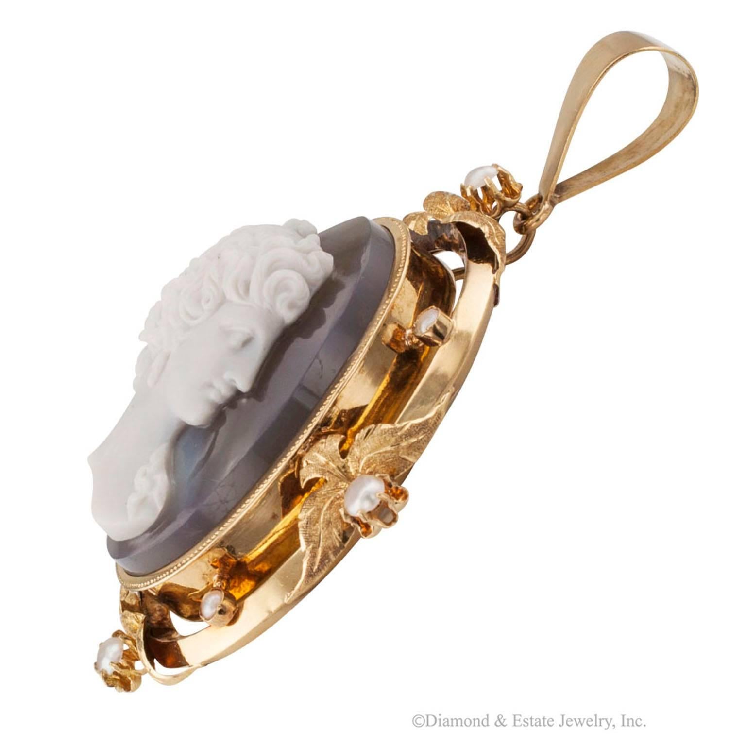 Women's or Men's 1850s Victorian Hard Stone Cameo Pearl Gold Pendant