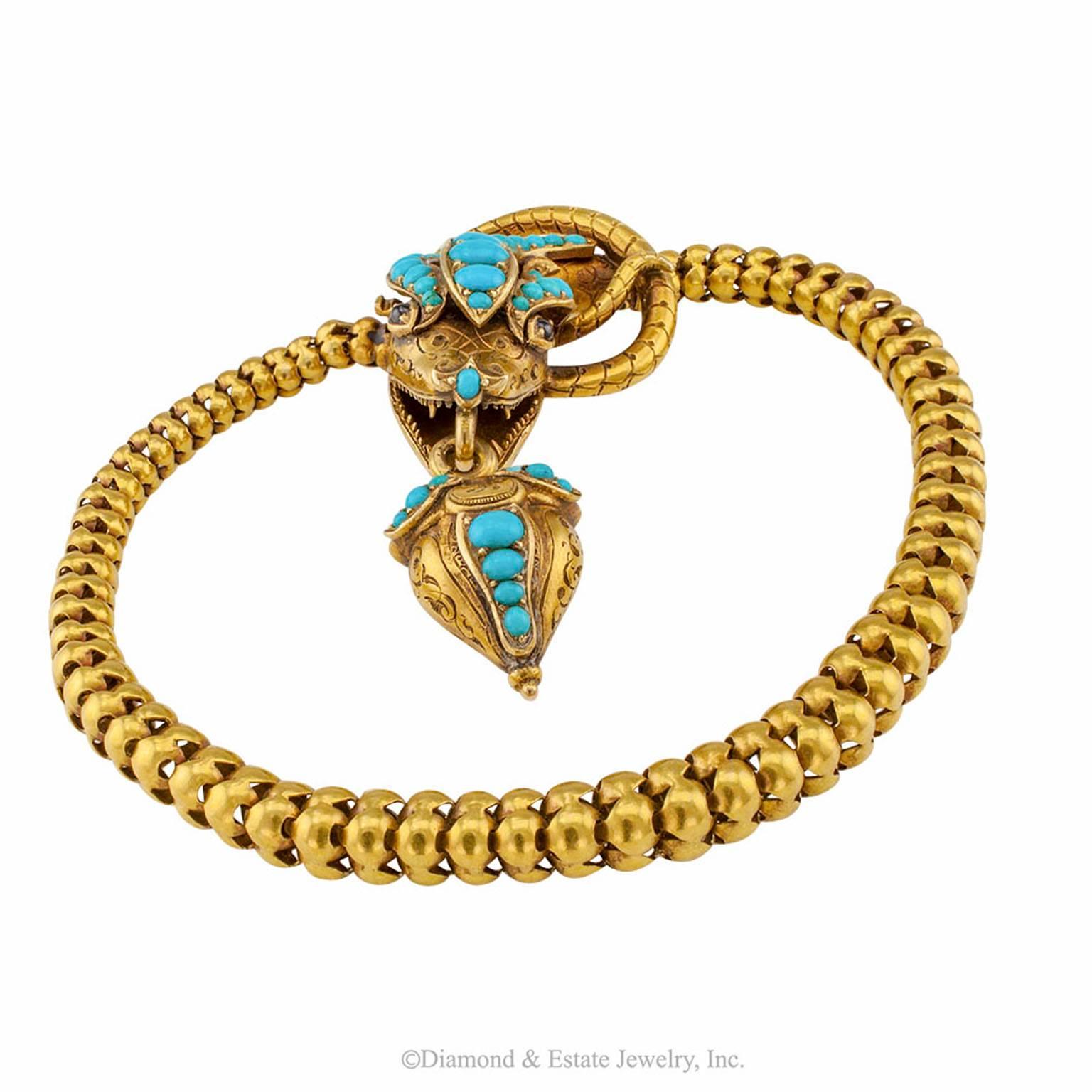 Women's or Men's Victorian Cobra Snake Gold Bracelet with Turquoise and Garnets