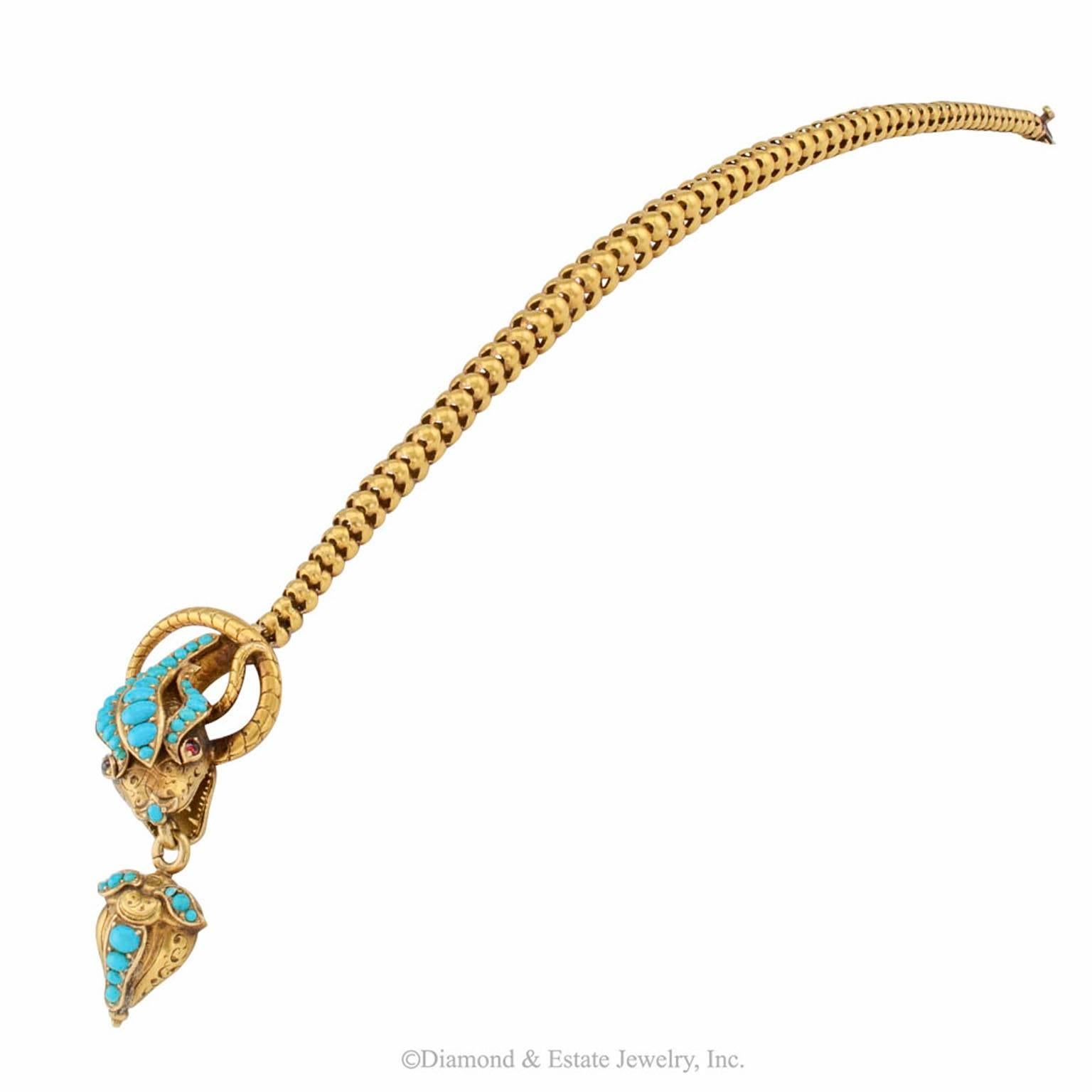 Victorian Cobra Snake Gold Bracelet with Turquoise and Garnets 1