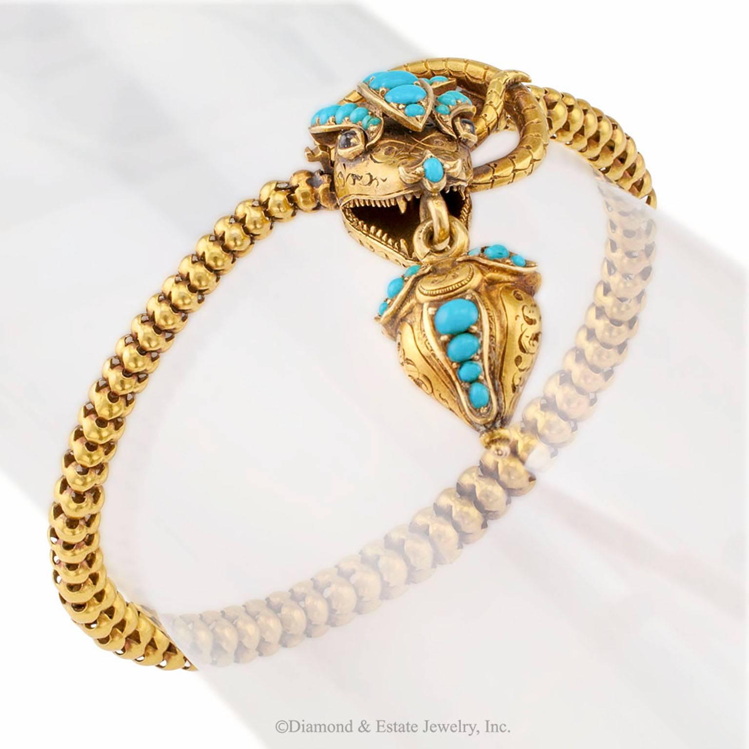Victorian Cobra Snake Gold Bracelet with Turquoise and Garnets In Excellent Condition In Los Angeles, CA