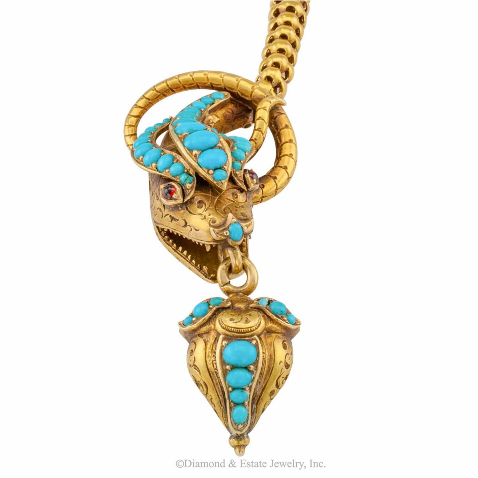 Victorian Cobra Snake Gold Bracelet with Turquoise and Garnets 2