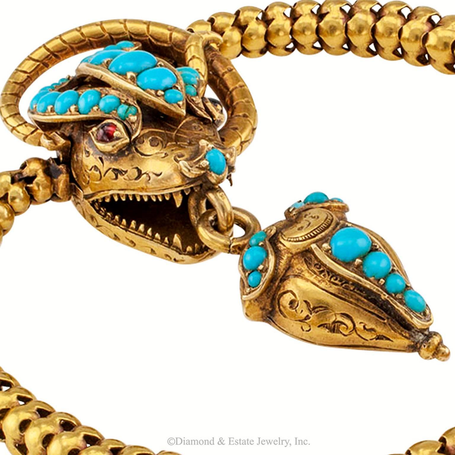 Victorian Cobra Snake Gold Bracelet with Turquoise and Garnets 4