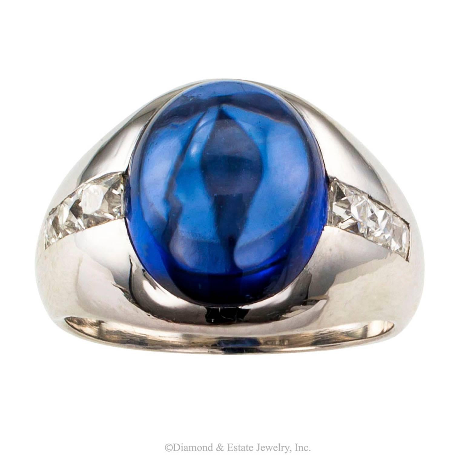Art Deco Unheated 7.00 Carat Ceylon Sapphire French-Cut Diamond Platinum Ring