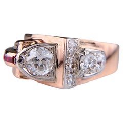 1940's Retro Old European Cut Diamond and Ruby Ring 14k Rose Gold