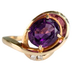 Vintage Amethyst and Diamond Modernist Bypass Swirl Ring 14k Yellow Gold