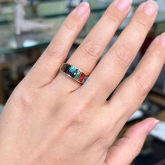 Native American Inlay Band Ring Turquoise Malachite Coral 14k Yellow Gold