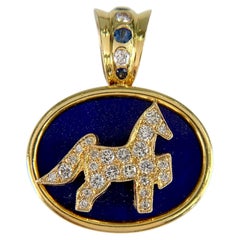 1990's Diamond Sapphire and Lapis Horse Pendant 18k/14k Yellow Gold