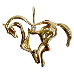 1970's 3D Diamond Horse Pendant 14k Yellow Gold