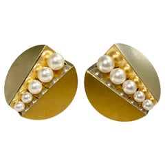 Vintage Designer Pearl Two Tone Statement Clip On Earrings 18k