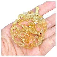 Vintage Carved Nephrite Jade Bird Pendant 14k Yellow Gold