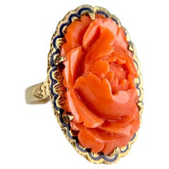 Vintage 1960's Carved Coral and Enamel Ring 14k Yellow Gold