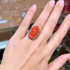 Vintage 1960's Carved Coral and Enamel Ring 14k Yellow Gold