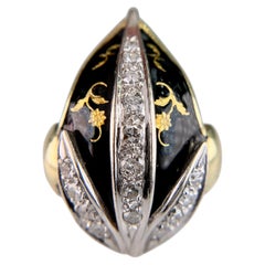 Vintage Black Enamel and Diamond Tulip Ring 18k Yellow Gold