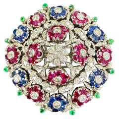 1950's En Tremblant Ruby Sapphire Emerald Diamond Brooch 18/14k
