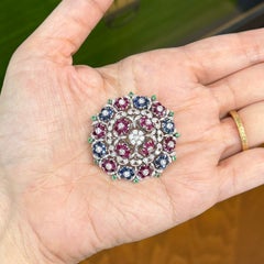 1950's En Tremblant Ruby Sapphire Emerald Diamond Brooch 18/14k