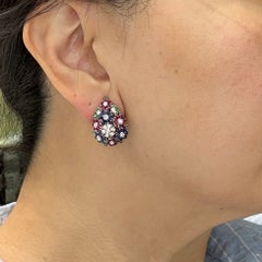 1950's Emerald Ruby Sapphire and Diamond Flower Clip On Earrings 18k White Gold