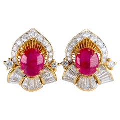 Vintage Ruby Cabochon and Diamond Clip On Earrings 18k Gold