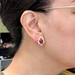 Vintage Ruby Cabochon and Diamond Clip On Earrings 18k Gold