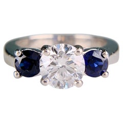 Vintage GIA Diamond and Sapphire 3 Stone Ring Platinum