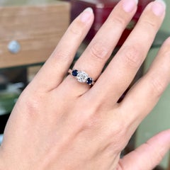 Vintage GIA Diamond and Sapphire 3 Stone Ring Platinum