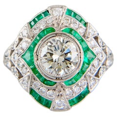 Anello in platino con smeraldi e diamanti in stile Art Déco d'epoca