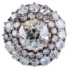 Vintage Old Mine Cut Diamond Double Halo Engagement Ring 4 Carats TW, 18k/Silver
