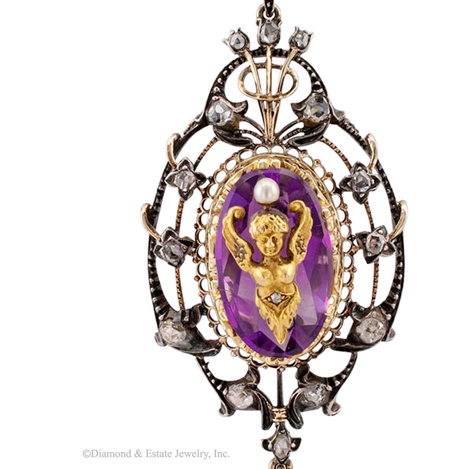 Women's Victorian 1850s Amethyst Pearl Diamond Gold Silver Pendant