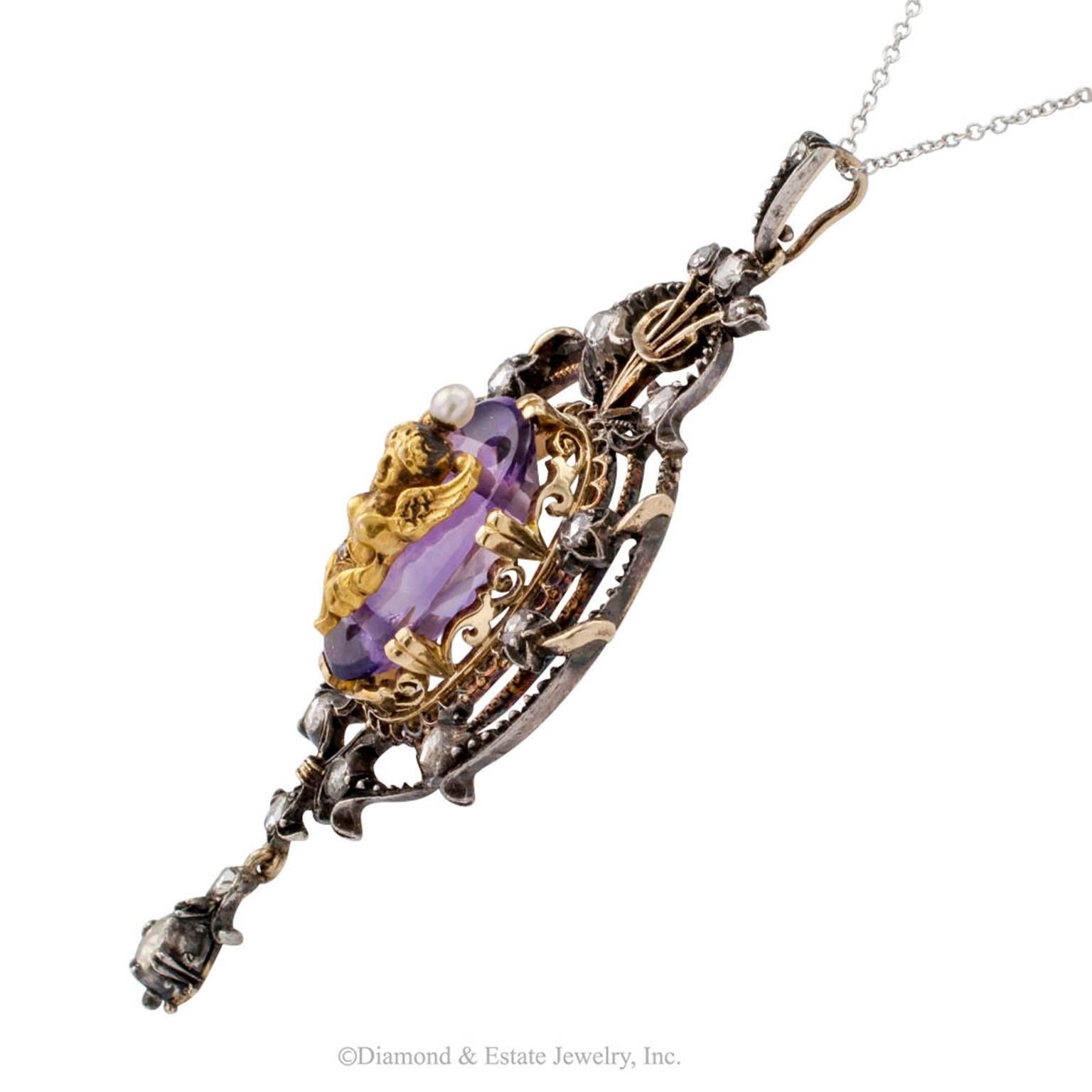 Victorian 1850s Amethyst Pearl Diamond Gold Silver Pendant In Excellent Condition In Los Angeles, CA