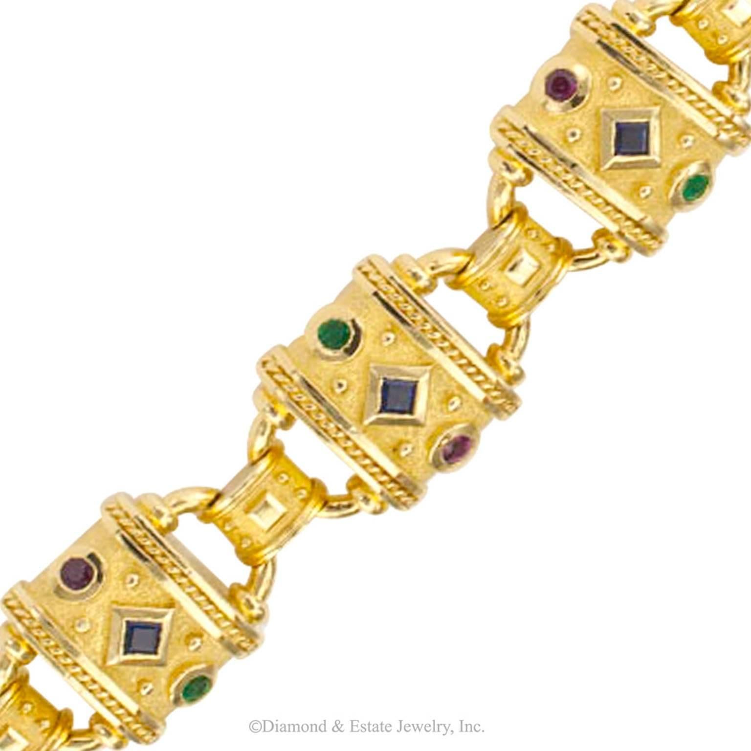 Women's or Men's Millennial Greek Gold Emerald Ruby Sapphire Bracelet