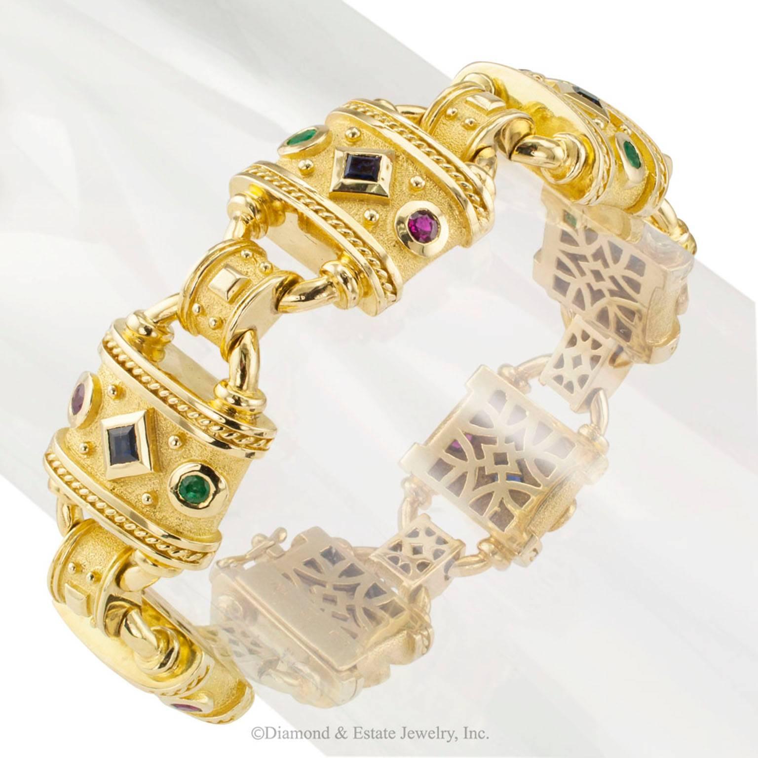 Millennial Greek Gold Emerald Ruby Sapphire Bracelet 1