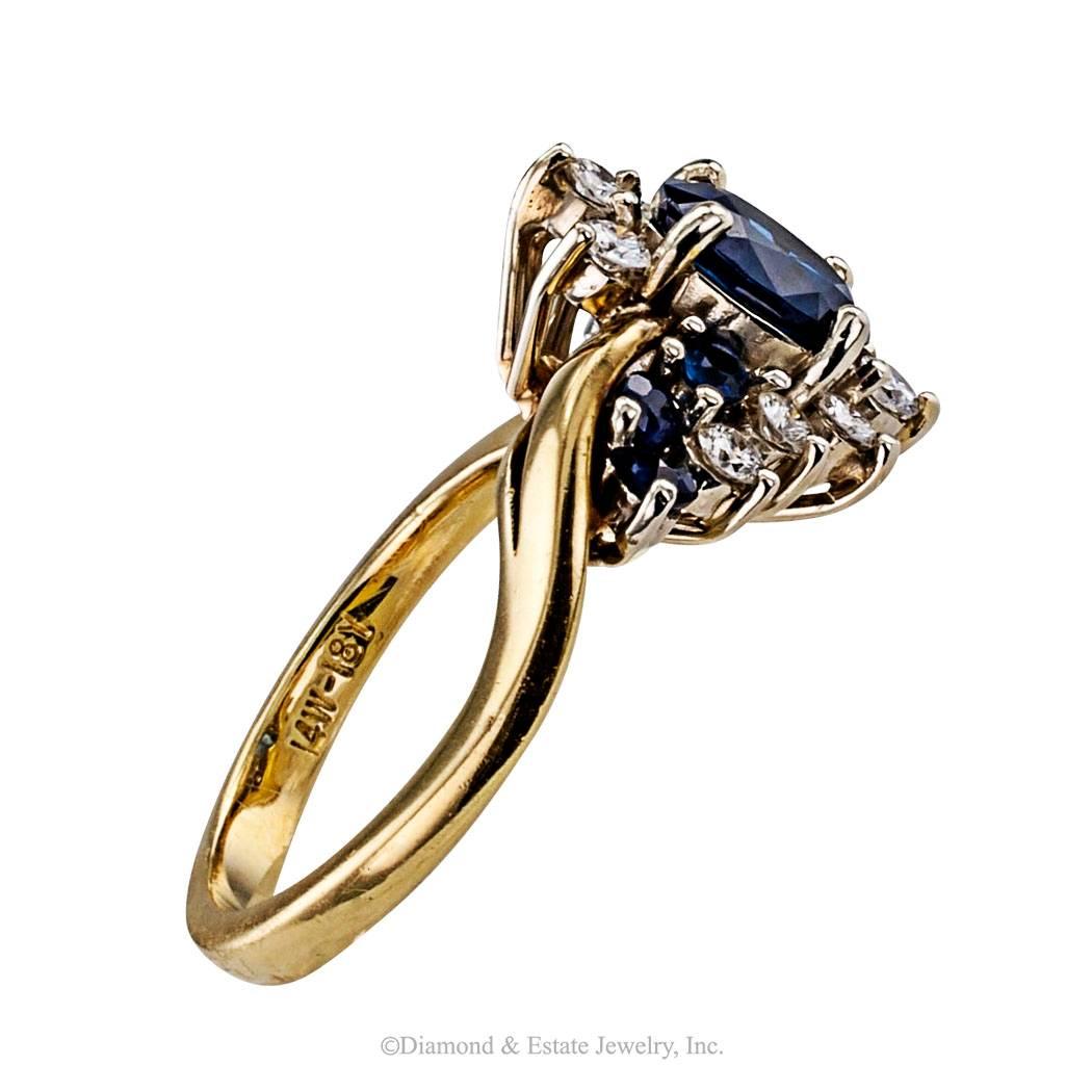Sapphire Diamond Cluster Two-Tone Gold Ring In Excellent Condition In Los Angeles, CA