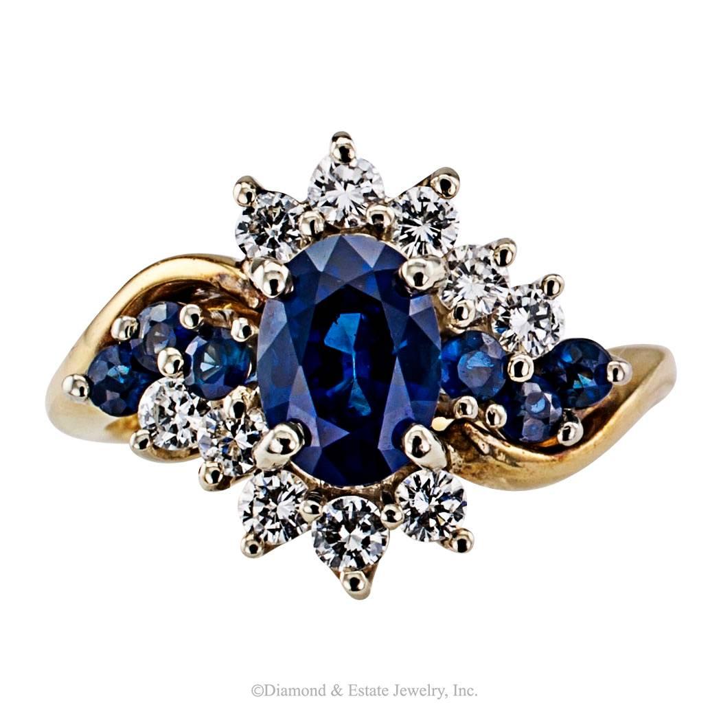 Contemporary Sapphire Diamond Cluster Two-Tone Gold Ring