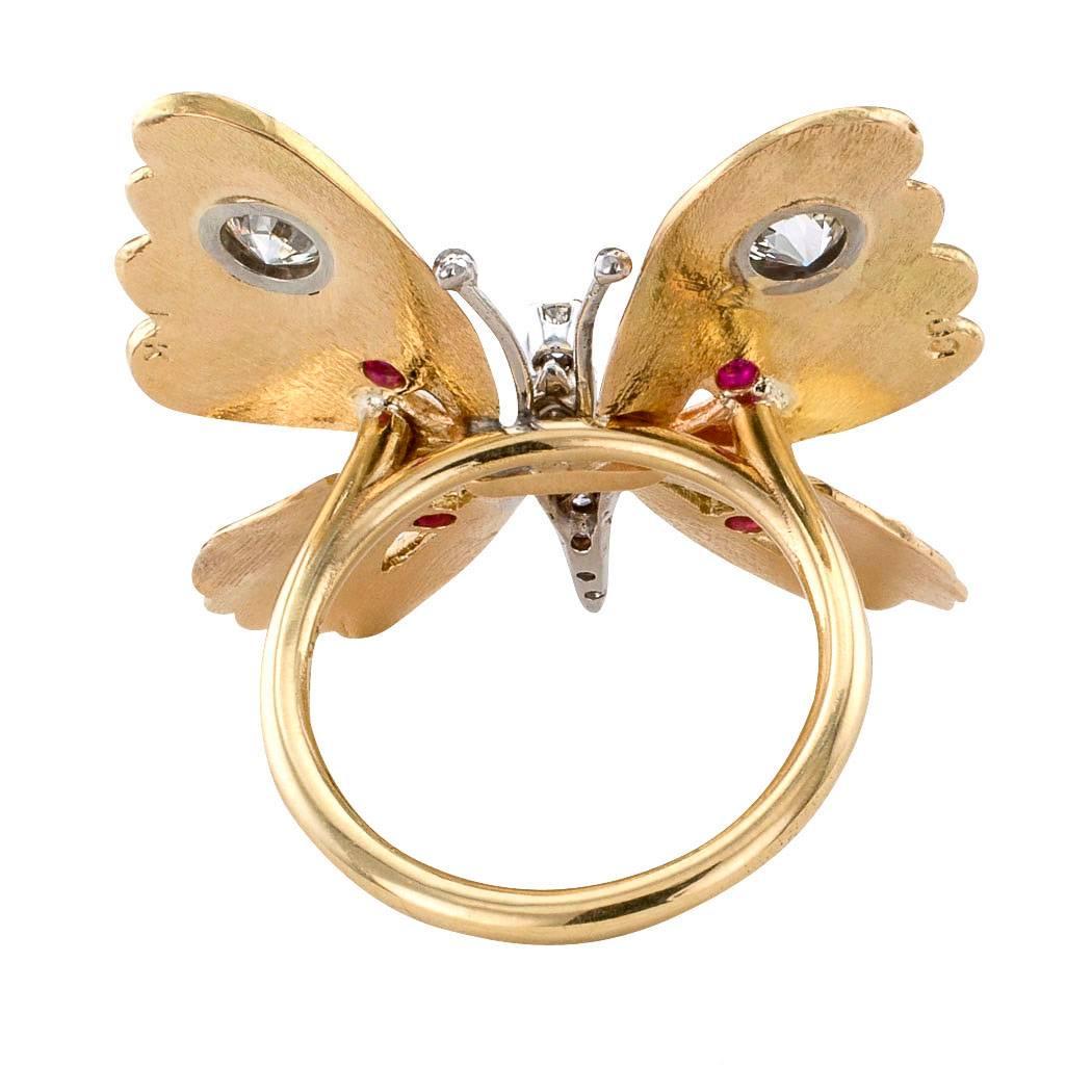 Women's 1970s Butterfly Diamond Ruby Gold Ring
