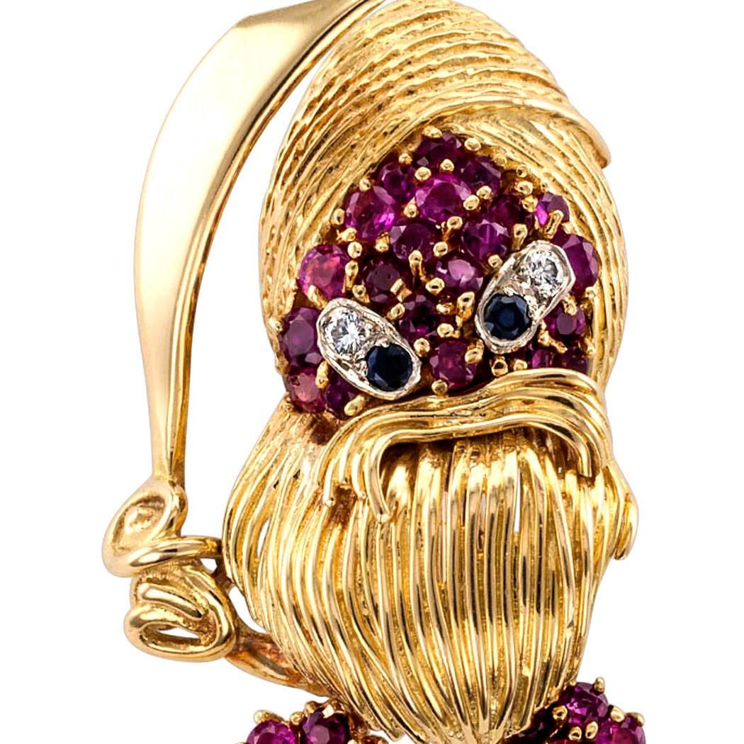 Women's or Men's 1960s Pirate Ruby Diamond Sapphire Gold Brooch